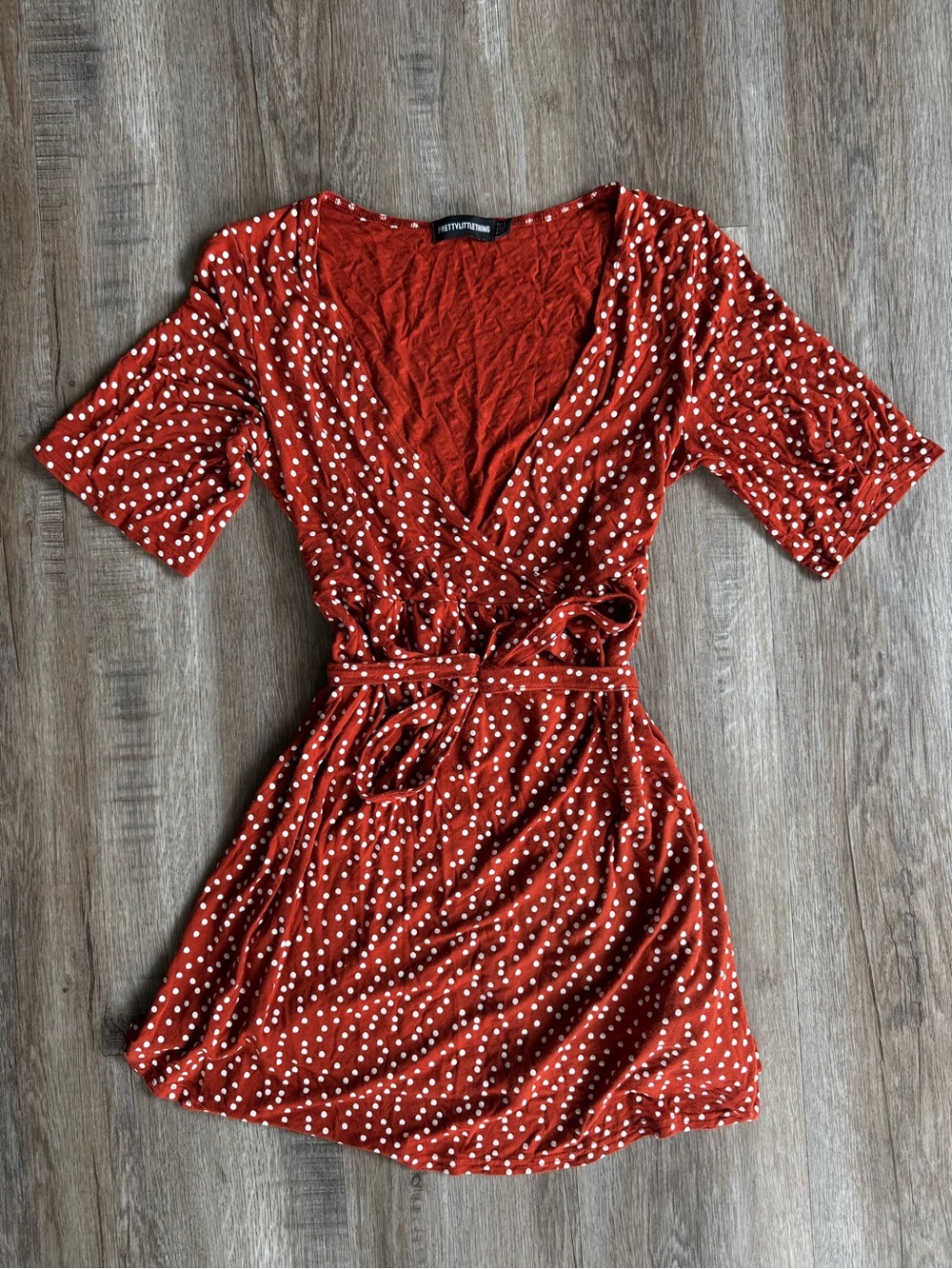 PrettyLittleThing Rust Red Polka Dot Wrap Dress